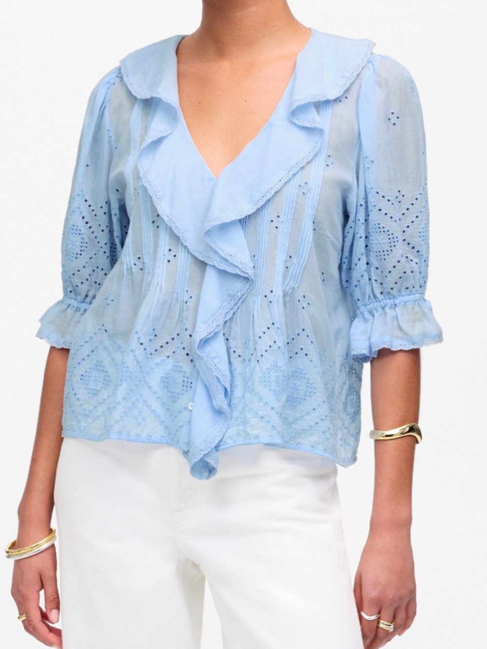 Madewell Ruffled Puff Sleeve Top in Light Blue